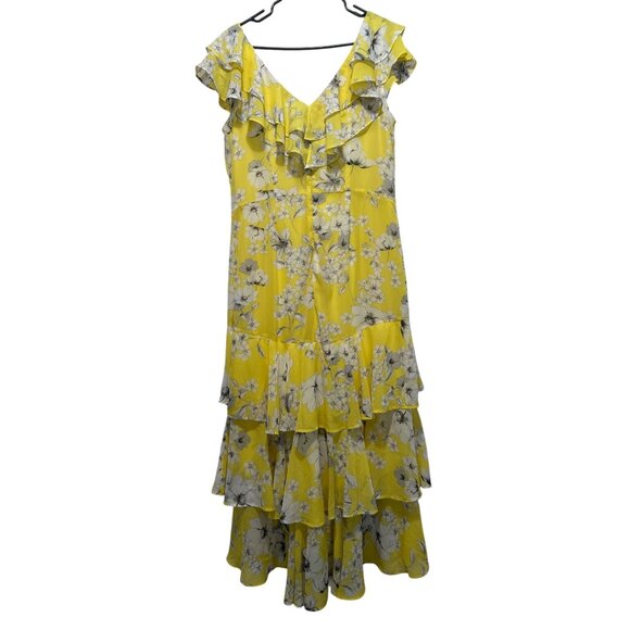 Y2K Floral Ruffle Maxi Dress Sz 14 Yellow Tiered Braidsmaid Fairy Dainty Peasant - Picture 1 of 15